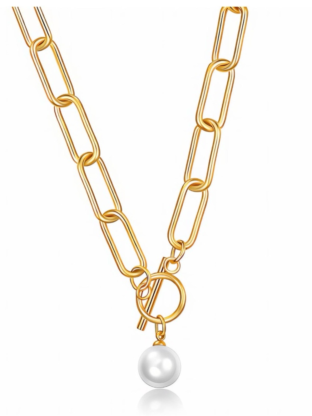 Gold Plated Chain Link Necklace with Pearl Pendant - Women Jewelry